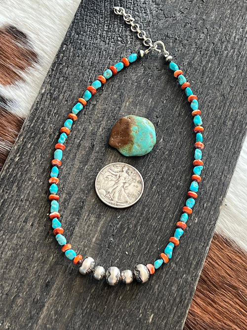 Artisan Kingman Turquoise, Spiny Oyster and Sterling Silver Bead Necklace