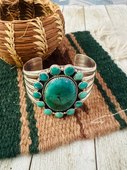 Old Pawn Navajo Turquoise & Sterling Silver Cluster Cuff Bracelet