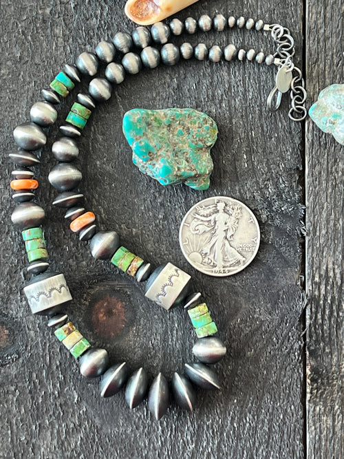 Navajo Made Electric Rainbow Sterling Silver, Turquoise and Spiny Oyster Single Strand Beaded Necklace by Rose Martin, X-tra Chunk, 18 + 2 Inches