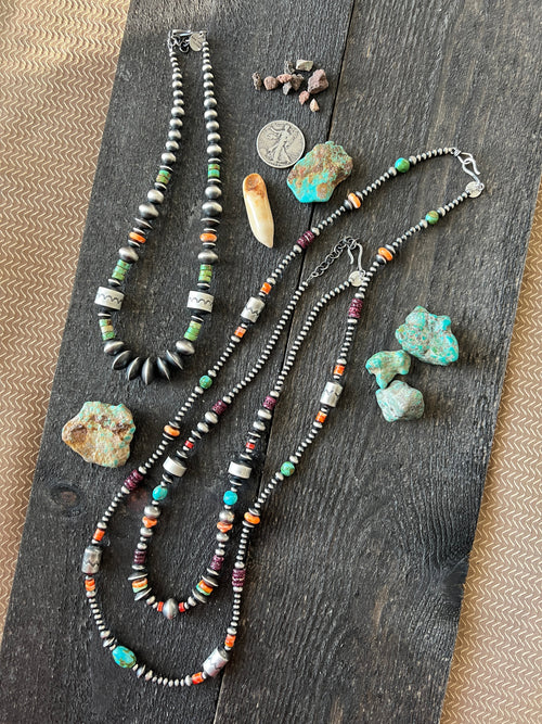 Navajo Made Electric Rainbow Sterling Silver, Turquoise and Spiny Oyster Single Strand Beaded Necklace by Rose Martin, X-tra Chunk, 18 + 2 Inches