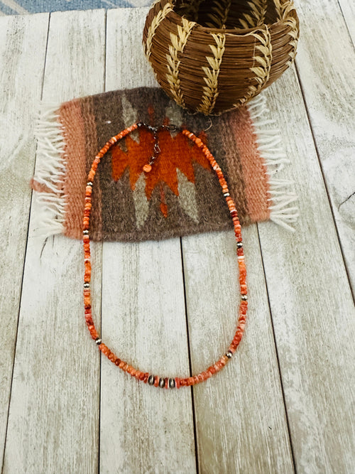 Navajo Orange Spiny & Sterling Silver 16” Beaded Necklace