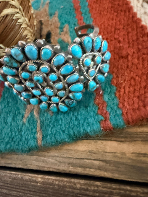 Handcrafted Old Pawn Sterling Silver & Turquoise Cluster Cuff Bracelet