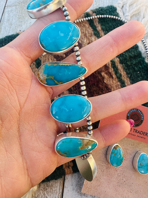 Handcrafted Turquoise & Sterling Silver Beaded Necklace and Earring Set