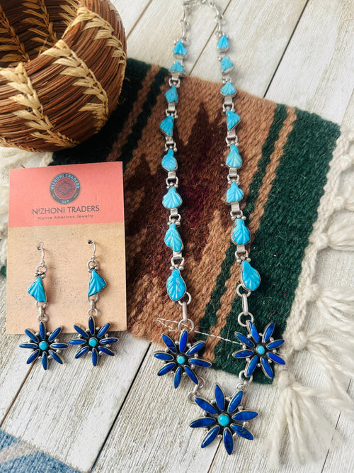 Old Pawn Zuni Sterling Silver, Turquoise & Lapis Flower Necklace and Earring Set