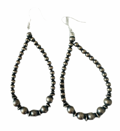Navajo Sterling Silver Pearl Beaded Dangle Hoop Earrings