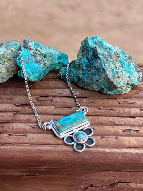 Sterling Silver and Royston Turquoise Flower Bar Necklace