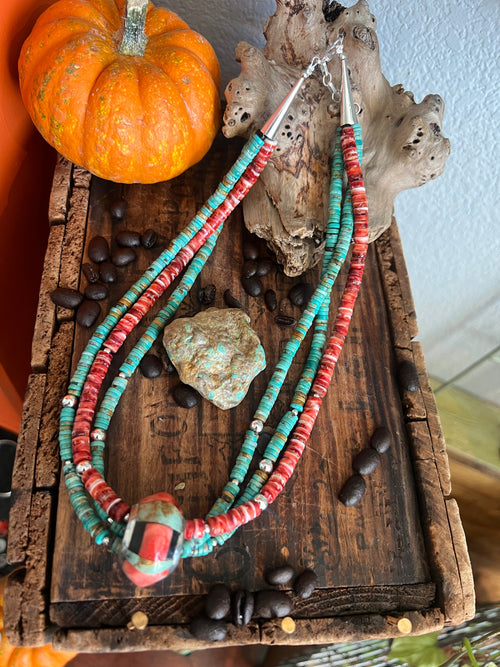 Daniel Coriz Triple Strand Spiny Oyster and Turquoise Beaded Necklace w/ Removable Sterling Silver & Stone Inlay Bead