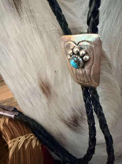 Handcrafted Vintage Old Pawn Sterling Silver & Turquoise Bolo Tie