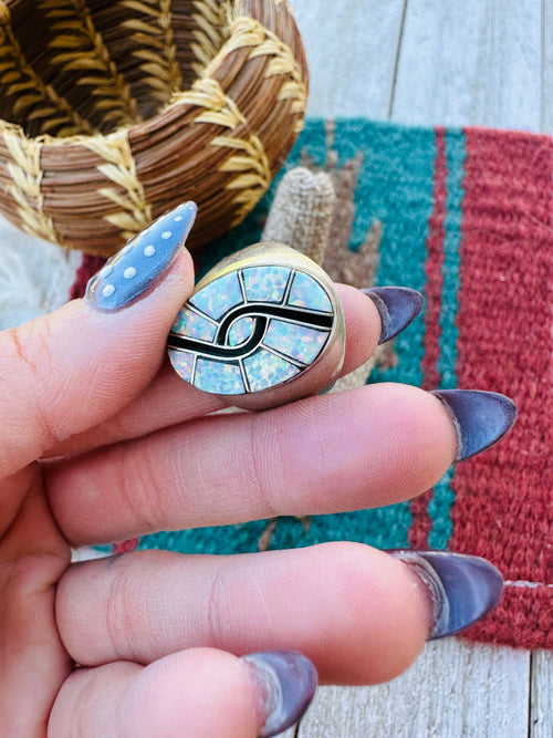 Old Pawn Handcrafted Opal, Onyx & Sterling Silver Inlay Ring Size 11
