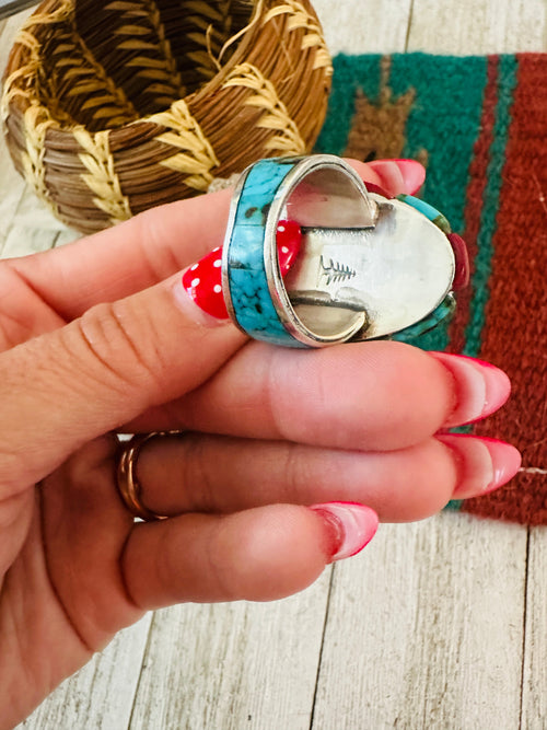 Old Pawn Navajo Sterling Silver, Turquoise & Coral Inlay Ring Size 11
