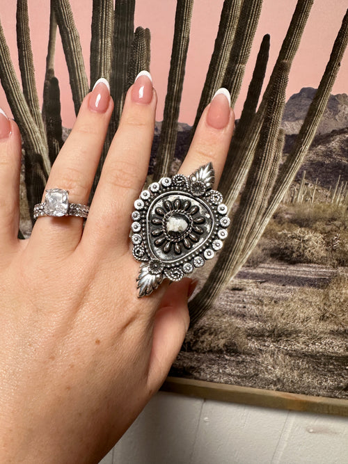 Beautiful Handmade White Buffalo And Sterling Silver Adjustable Statement Ring