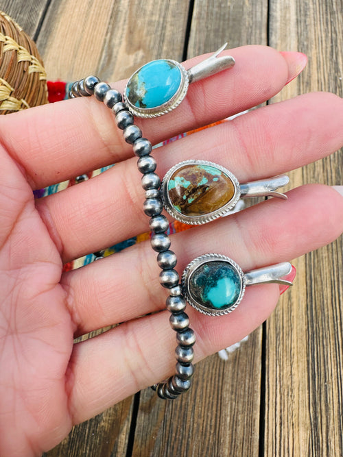 Handcrafted 3mm Sterling Silver Pearl & Turquoise Blossom Stretch Bracelet
