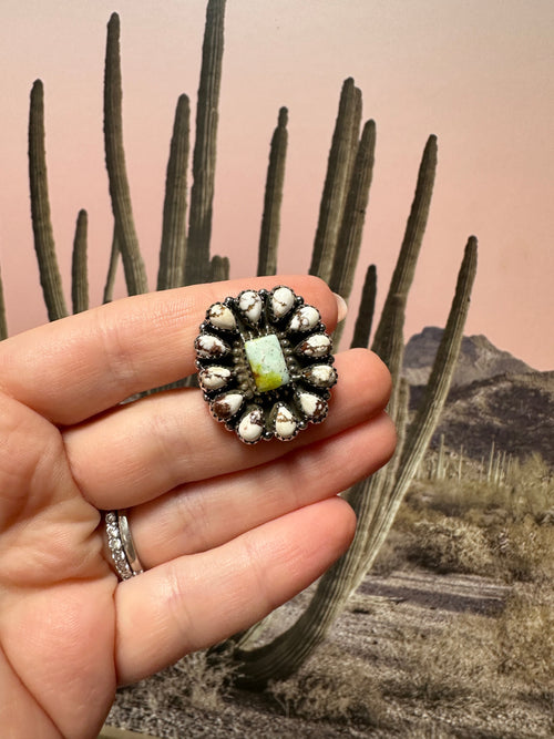 Beautiful Handmade Palomino Turquoise, White Buffalo And Sterling Silver Adjustable Ring