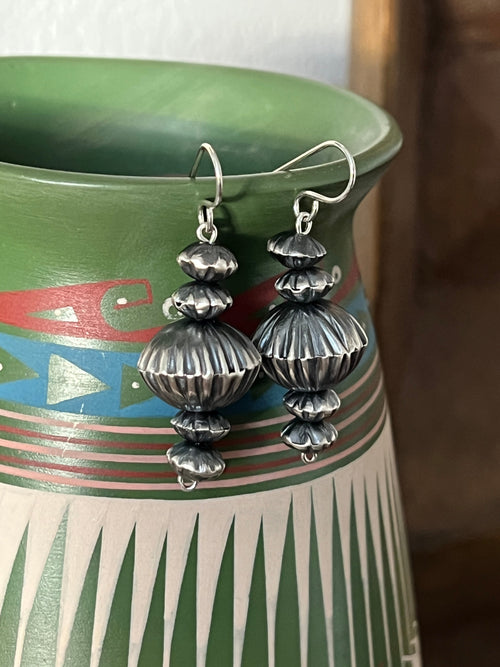 Navajo Sterling Silver Handcrafted Corrugated Bead Drop Dangle Earrings by Preston Haley