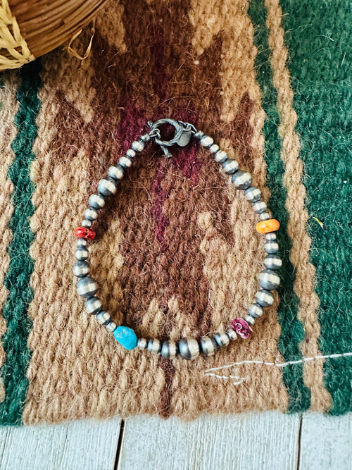 Navajo Sterling Silver Pearl, Spiny & Turquoise Beaded Bracelet