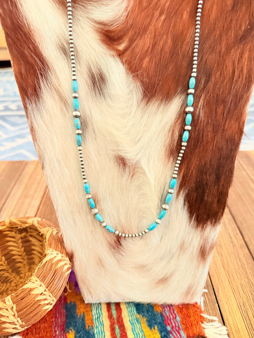 Handcrafted Turquoise & Sterling Silver Pearl 24” Beaded Necklace
