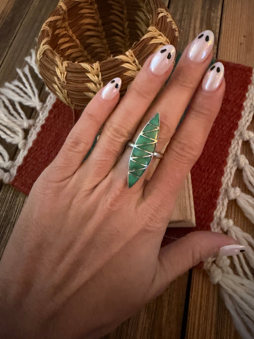 Old Pawn Handcrafted Turquoise & Sterling Silver Inlay Ring Size 5.75
