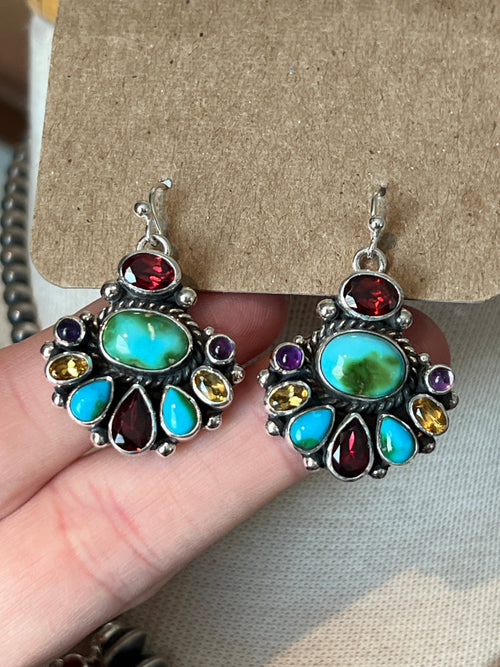 Navajo Made Sterling Silver Gems & Jewels Beaded Cluster Necklace and Earrings Set by Dianne Wylie