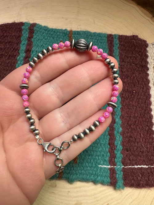 Handmade Sterling Silver,  Pink Fire Opal Beaded Bracelet