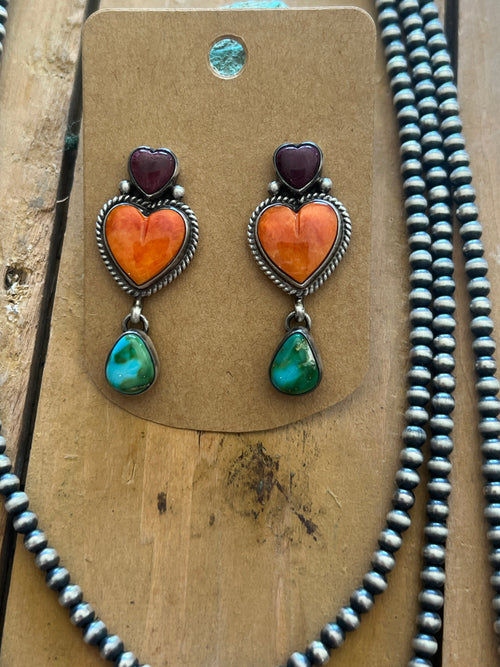 Navajo Made Sterling Silver Electric Rainbow Triple Layer Beaded Drop & Heart Necklace by Loretta Delgarito