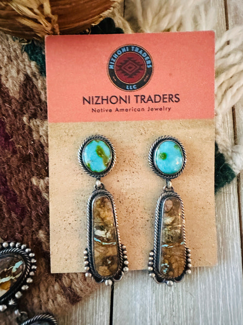 Navajo Sterling Silver, Ribbon and Sonoran Turquoise Necklace and Earring Set by Diane Wylie
