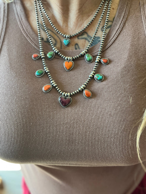 Navajo Made Sterling Silver Electric Rainbow Triple Layer Beaded Drop & Heart Necklace by Loretta Delgarito
