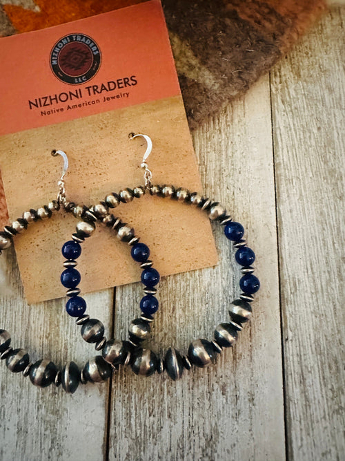 Navajo Lapis & Sterling Silver Pearl Beaded Dangle Hoop Earrings