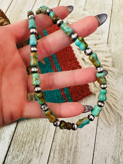 Handcrafted Kingman Turquoise & Sterling Silver Pearl 6mm Beaded Necklace 18"