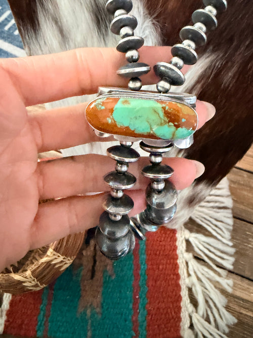 Handcrafted Turquoise & Sterling Silver Beaded Double Sided Jacla Necklace