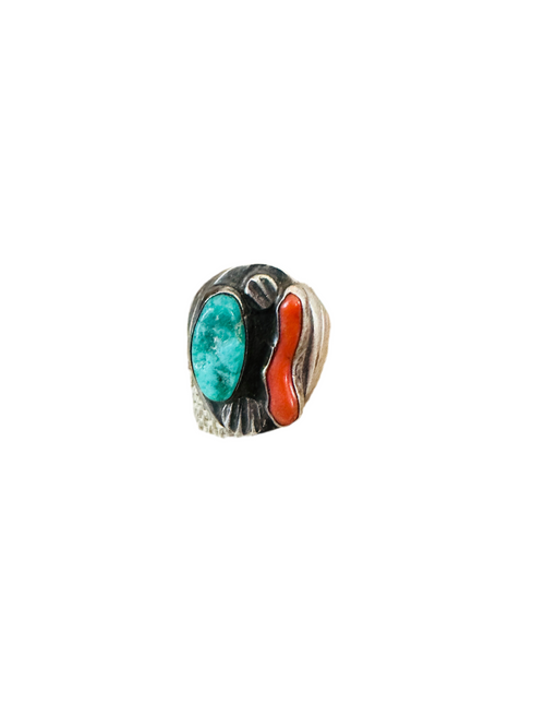 Old Pawn Navajo Sterling Silver, Turquoise & Coral Ring Size 11.75