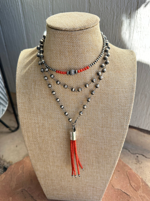 Handmade Sterling Silver Beaded Coral Tassel Necklace