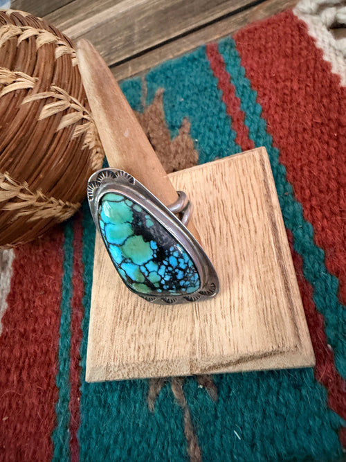 Old Pawn Handcrafted Hubei Turquoise & Sterling Silver Ring Size 10.25