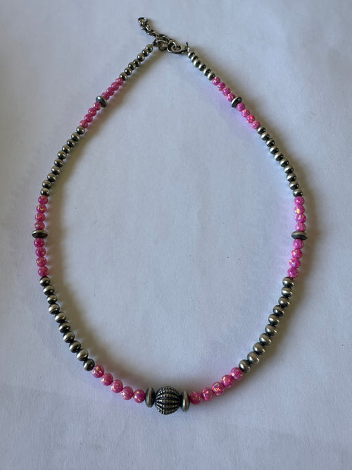 Handmade Navajo Pearl Style Sterling Silver, Pink Fire Opal Beaded Necklace