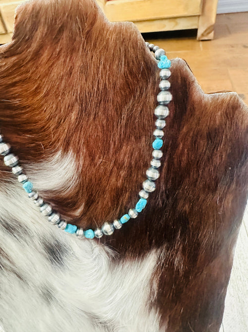 Navajo Turquoise & Sterling Silver Pearl 14” Beaded Necklace