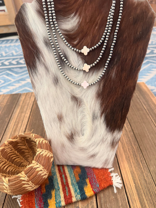 Handcrafted Queen Pink Conch and Sterling Silver Pearl Quatrefoil Beaded Necklace
