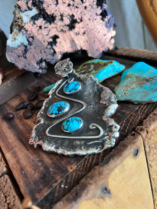 Vintage Artisan Sterling Silver and Turquoise Brutalist Style Pendant Signed Sandee Kelly