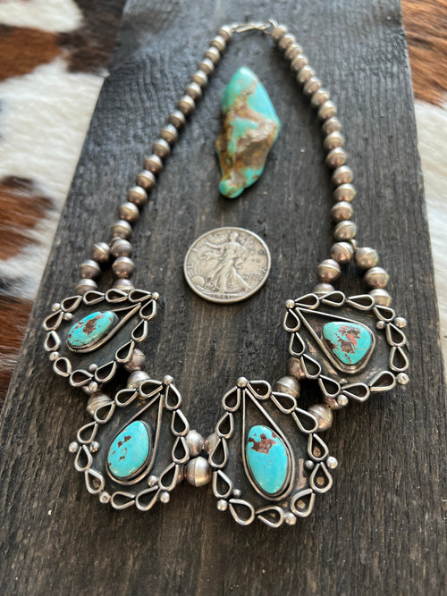 Vintage Navajo Sterling Silver and Turquoise Station Necklace