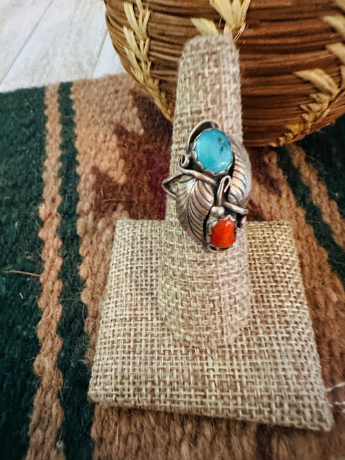 Old Pawn Handcrafted Turquoise, Coral & Sterling Silver Ring Size 7