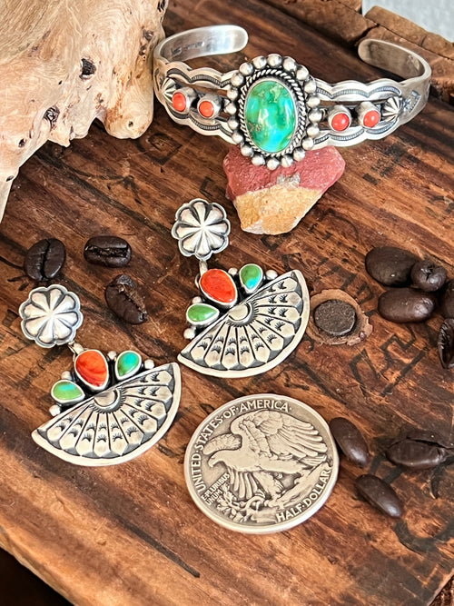 Handcrafted Beautiful Sterling Silver, Sonoran Turquoise and Spiny Oyster Shell Fruit Slice Concho Post Earrings by Loretta Delgarito