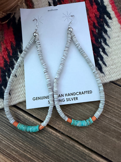 Handcrafted Heishi Shell, Turquoise & Spiny Beaded Dangle Hoop Earrings