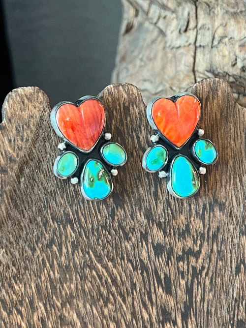 Vibrant Navajo Sterling Silver, Sonoran Turquoise and Spiny Oyster Shell Heart Cluster Post Earrings by Lucy Jake