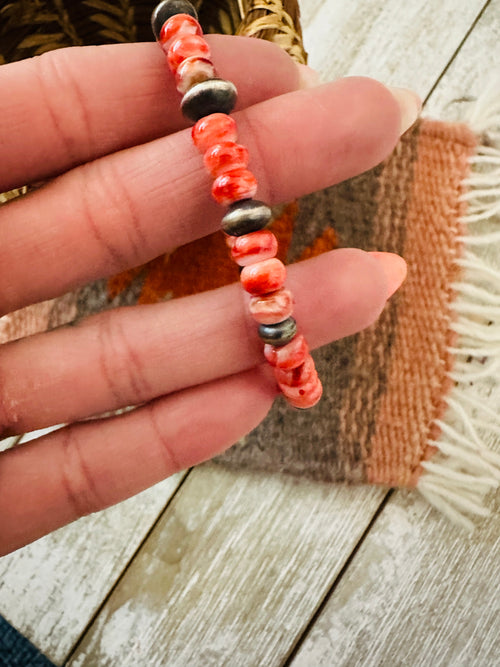 Navajo Orange Spiny & Sterling Silver Beaded Bracelet