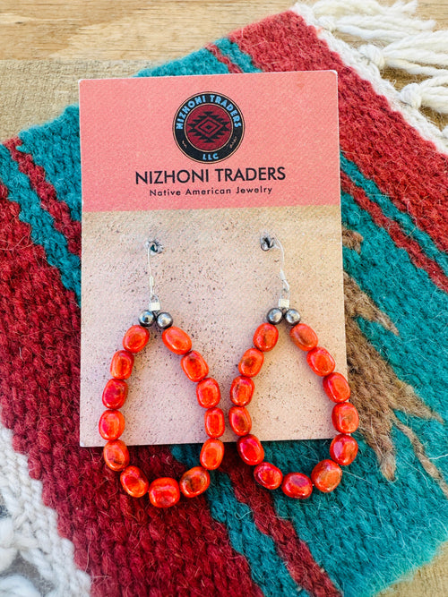 Navajo Sterling Silver Apple Coral Beaded Dangle Earrings