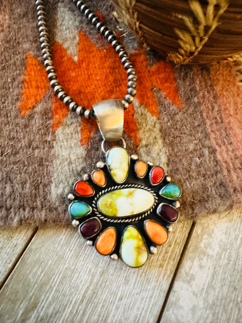 Navajo Electric Rainbow Turquoise, Spiny & Sterling Silver Cluster Pendant by Angela Martin