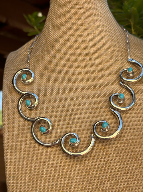 Navajo Made Sleeping Beauty Turquoise & Sterling Silver Swirl Necklace Set