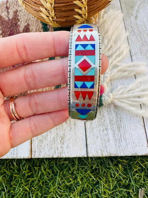 Handcrafted Old Pawn Sterling Silver & Multi Stone Inlay Cuff Bracelet by R.N. Laconsello