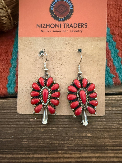 Handcrafted Old Pawn Sterling Silver & Coral Cluster Dangle Earrings