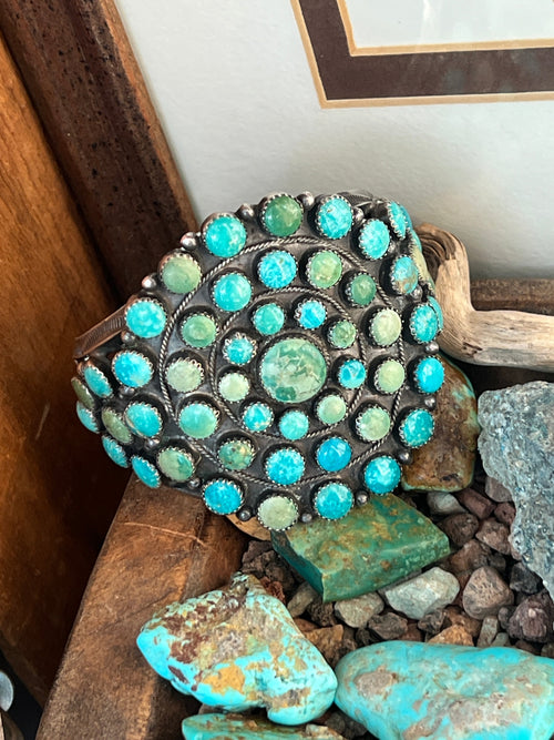 Vintage Navajo Sterling Silver and Fox Turquoise Cluster Cuff