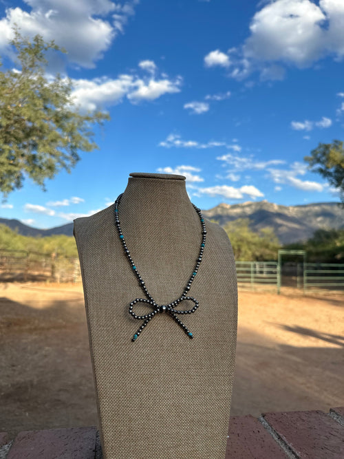 Handmade Sterling Silver & Turquoise Pearl Beaded 3-6 mm Bow Tie Necklace 16-18 inches