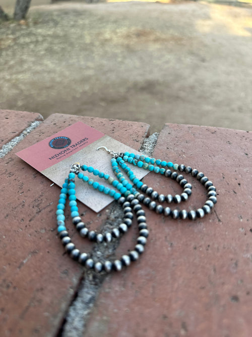 Navajo Turquoise & Sterling Silver Beaded Double Hoop Dangle Earrings